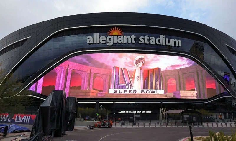 LAS VEGAS, NEVADA - FEBRUARY 01: A video board displays a logo for Super Bowl LVIII at Allegiant Stadium on February 01, 2024 in Las Vegas, Nevada. The game will be played on February 11, 2024, between the Kansas City Chiefs and the San Francisco 49ers. (Photo by Ethan Miller/Getty Images)