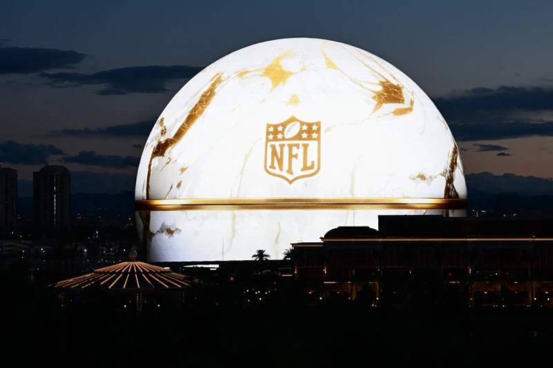 AMFOOT-NFL-SUPERBOWL-PREVIEWS
The NFL logo is displayed on the Sphere arena ahead of Super Bowl LVIII in Las Vegas, Nevada on February 7, 2024. (Photo by Patrick T. Fallon / AFP) (Photo by PATRICK T. FALLON/AFP via Getty Images)
