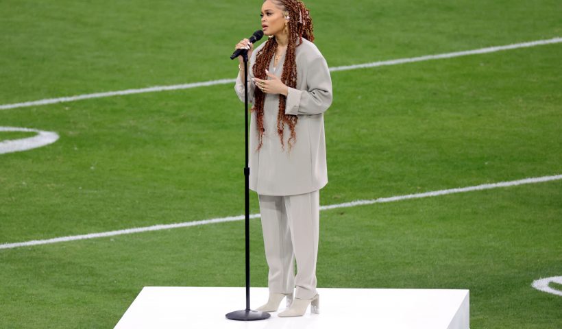 LAS VEGAS, NEVADA - FEBRUARY 11: Andra Day performs prior to Super Bowl LVIII at Allegiant Stadium on February 11, 2024 in Las Vegas, Nevada. (Photo by Ethan Miller/Getty Images)