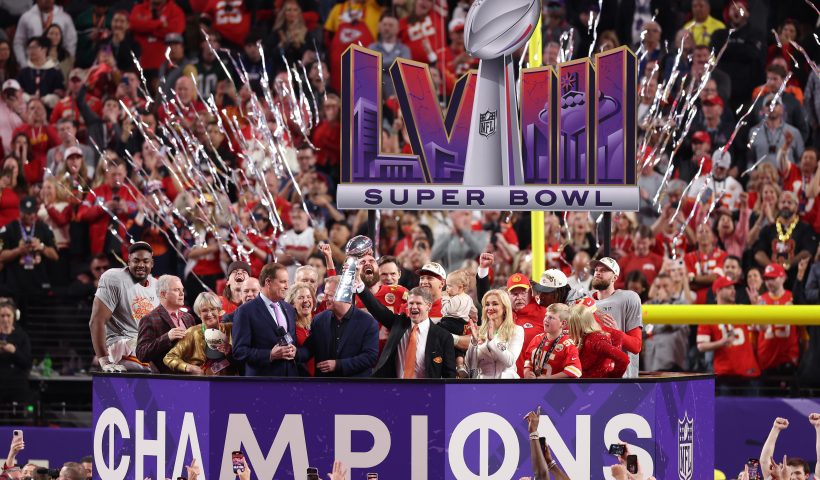 LAS VEGAS, NEVADA - FEBRUARY 11: Owner Clark Hunt of the Kansas City Chiefs holds the Lombardi Trophy after defeating the San Francisco 49ers 25-22 during Super Bowl LVIII at Allegiant Stadium on February 11, 2024 in Las Vegas, Nevada. (Photo by Steph Chambers/Getty Images)