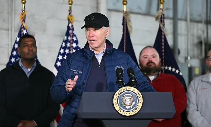 US President Joe Biden speaks after receiving an operational briefing from officials on the continuing response and recovery efforts at the site of a train derailment which spilled hazardous chemicals a year ago in East Palestine, Ohio on February 16, 2024. (Photo by Mandel NGAN / AFP) (Photo by MANDEL NGAN/AFP via Getty Images)