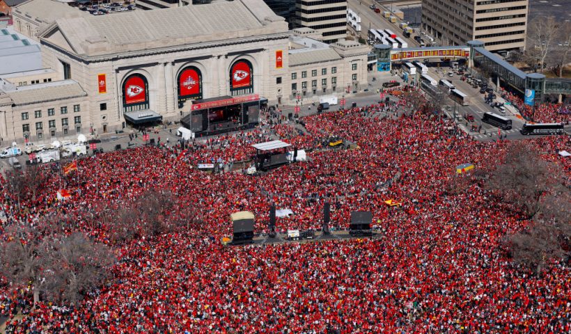 KANSAS CITY, MISSOURI - FEBRUARY 14: A general view of Kansas City Chiefs fans gathered at Union Station during the Kansas City Chiefs Super Bowl LVIII victory parade on February 14, 2024 in Kansas City, Missouri. (Photo by David Eulitt/Getty Images)