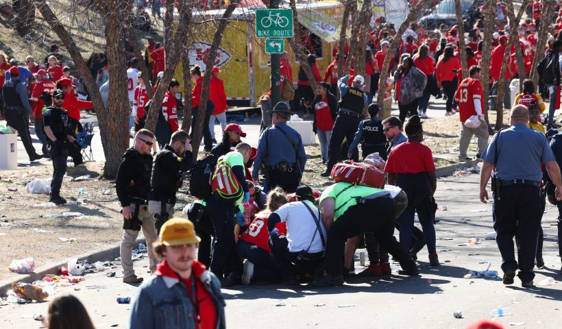 KANSAS CITY, MISSOURI - FEBRUARY 14: Law enforcement and medical personnel respond to a shooting at Union Station during the Kansas City Chiefs Super Bowl LVIII victory parade on February 14, 2024 in Kansas City, Missouri. Several people were shot and two people were detained after a rally celebrating the Chiefs Super Bowl victory. (Photo by Jamie Squire/Getty Images)