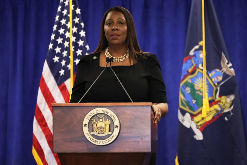 NEW YORK, NY - FEBRUARY 16: Attorney General Letitia James speaks during a press conference following a verdict against former U.S. President Donald Trump in a civil fraud trial on February 16, 2024 in New York City. Justice Arthur Engoron ruled against the former president finding him liable for conspiring to manipulating his networth and fining him $335 million and imposing a three year ban from serving in top roles at any NY company. The judge also banned Eric and Donald Trump Jr. for two years as well as a fine of more than four million dollars. (Photo by Michael M. Santiago/Getty Images)