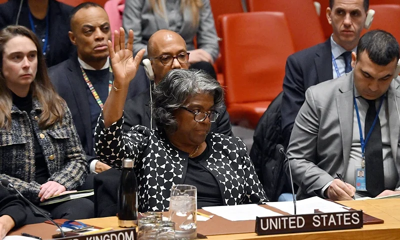 US Ambassador to the UN Linda Thomas-Greenfield casts a veto vote during a UN Security Council meeting on the Israel-Hamas war, at UN Headquarters in New York City on February 20, 2024. The US vetoed a UN Security Council resolution on Tuesday that called for an immediate ceasefire in Gaza, even as President Joe Biden faced mounting pressure to dial back support for Israel. (Photo by ANGELA WEISS / AFP) (Photo by ANGELA WEISS/AFP via Getty Images)
