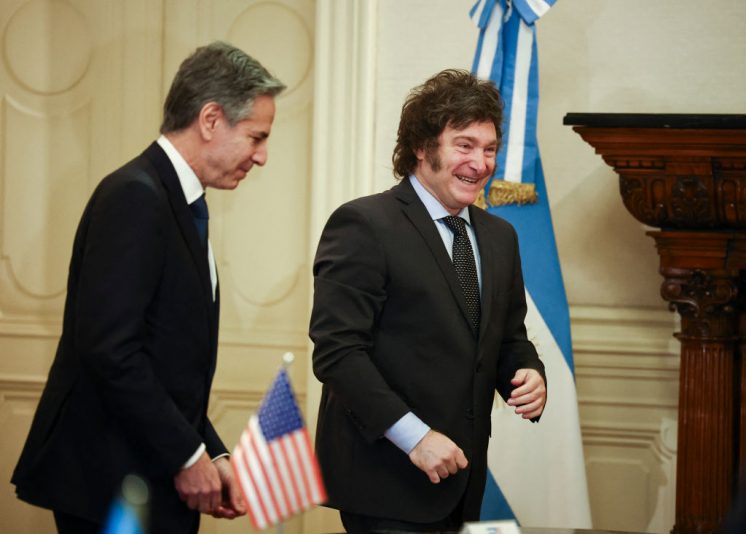 Argentina's President Javier Milei (R) walks with US Secretary of State Antony Blinken during a meeting at the Casa Rosada Presidential Palace, in Buenos Aires on February 23, 2024. (Photo by AGUSTIN MARCARIAN / POOL / AFP) (Photo by AGUSTIN MARCARIAN/POOL/AFP via Getty Images)