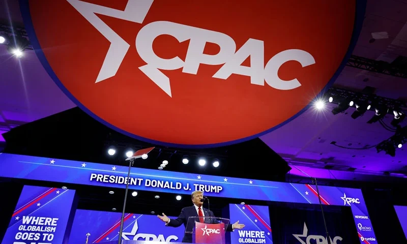 NATIONAL HARBOR, MARYLAND - FEBRUARY 24: Republican presidential candidate and former U.S. President Donald Trump speaks at the Conservative Political Action Conference (CPAC) at the Gaylord National Resort Hotel And Convention Center on February 24, 2024 in National Harbor, Maryland. Attendees descended upon the hotel outside of Washington DC to participate in the four-day annual conference and hear from conservative speakers from around the world who range from journalists, U.S. lawmakers, international leaders and businessmen. (Photo by Anna Moneymaker/Getty Images)