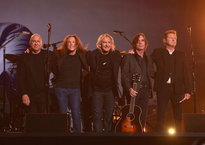 LOS ANGELES, CA - FEBRUARY 15: (L-R) Musicians Bernie Leadon, Timothy B. Schmit, Joe Walsh, Jackson Browne and Don Henley, paying tribute to Eagles founder Glenn Frey, appear onstage during The 58th GRAMMY Awards at Staples Center on February 15, 2016 in Los Angeles, California. (Photo by Larry Busacca/Getty Images for NARAS)
