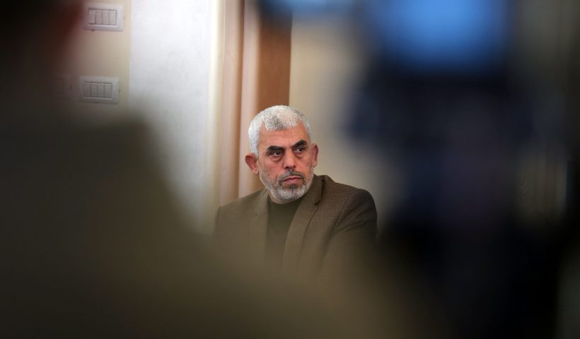 Yahya Sinwar, the new leader of Hamas in the Gaza Strip, attends the opening of a new mosque in Rafah town in the southern Gaza Strip on February 24, 2017. (Photo by SAID KHATIB / AFP) (Photo by SAID KHATIB/AFP via Getty Images)