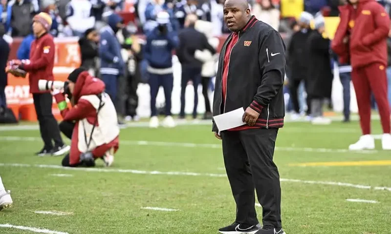 Washington Commanders offensive coordinator Eric Bieniemy on the field before the game against the Dallas Cowboys at FedExField. Mandatory Credit: Brad Mills-USA TODAY Sports/File photo