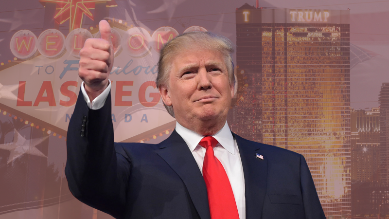 Real estate tycoon Donald Trump flashes the thumbs-up as he arrives on stage for the start of the prime time Republican presidential debate on August 6, 2015 at the Quicken Loans Arena in Cleveland, Ohio. AFP PHOTO/MANDEL NGAN (Photo by Mandel NGAN / AFP) (Photo credit should read MANDEL NGAN/AFP via Getty Images)/LAS VEGAS - MARCH 24: A view of the Trump International Hotel & Tower Las Vegas seen from the Voodoo Lounge at the Rio Hotel & Casino March 24, 2009 in Las Vegas, Nevada. (Photo by Ethan Miller/Getty Images)/LAS VEGAS - NOVEMBER 11: Traffic passes by the famous sign welcoming motorists on the south end of the Las Vegas Strip November 11, 2005 in Las Vegas, Nevada. The Mandalay Bay Resort & Casino is in the background. (Photo by Ethan Miller/Getty Images)