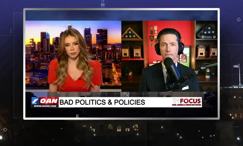 Video still from In Focus on One America News Network showing a split screen of the host on the left side, and on the right side is the guest, Jason Nelson.