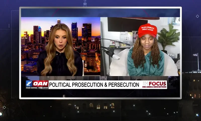 Video still from In Focus on One America News Network showing a split screen of the host on the left side, and on the right side is the guest, Zakiya Cooper.