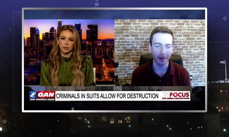 Video still from In Focus on One America News Network showing a split screen of the host on the left side, and on the right side is the guest, Matt Palumbo.