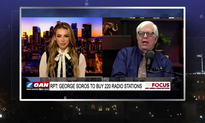 Video still from In Focus on One America News Network showing a split screen of the host on the left side, and on the right side is the guest, Dennis Prager.