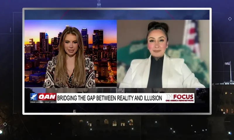 Video still from In Focus on One America News Network showing a split screen of the host on the left side, and on the right side is the guest, Denise Aguilar.