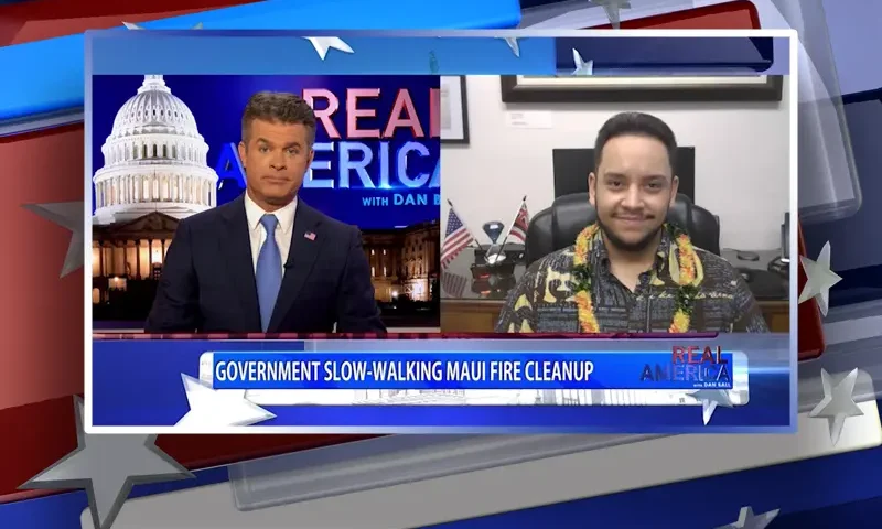 Video still from Real America on One America News Network showing a split screen of the host on the left side, and on the right side is the guest, Rep. Diamond Garcia.