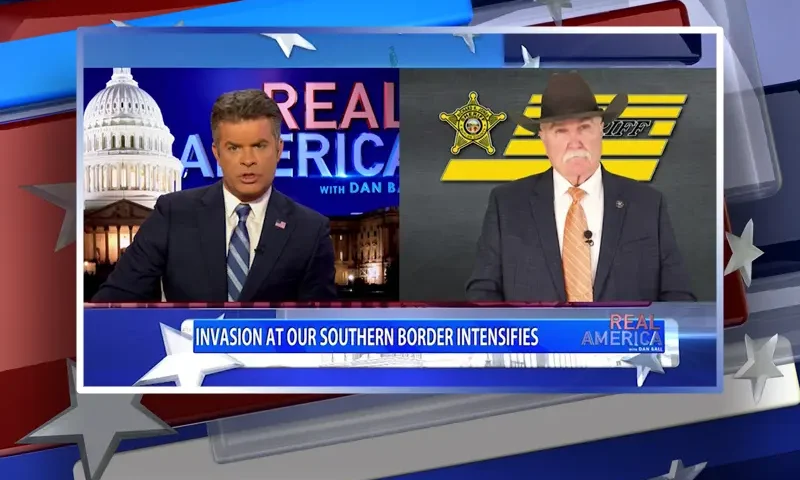 Video still from Real America on One America News Network showing a split screen of the host on the left side, and on the right side is the guest, Richard Jones.