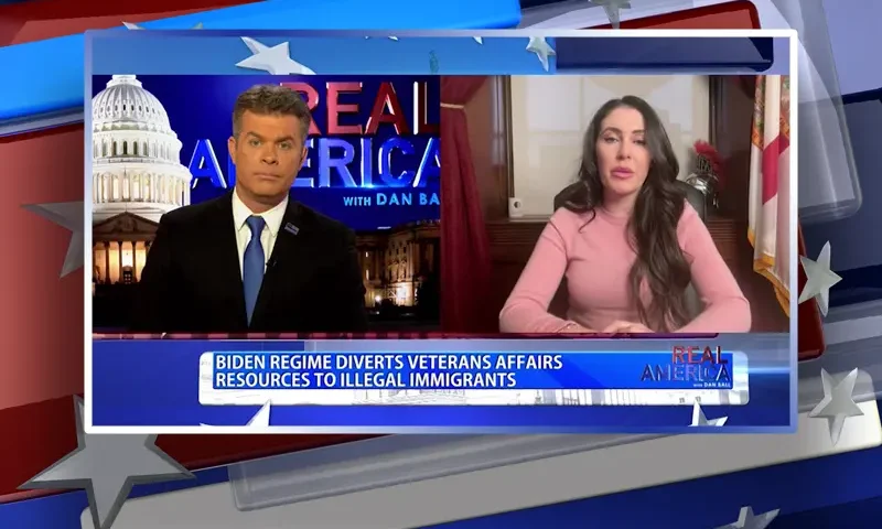 Video still from Real America on One America News Network showing a split screen of the host on the left side, and on the right side is the guest, Rep. Anna Paulina Luna.