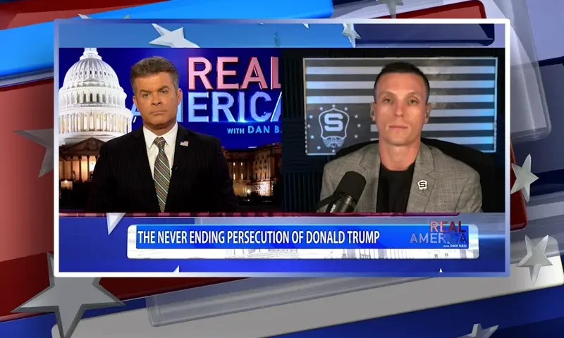 Video still from Real America on One America News Network showing a split screen of the host on the left side, and on the right side is the guest, Steve Friend.