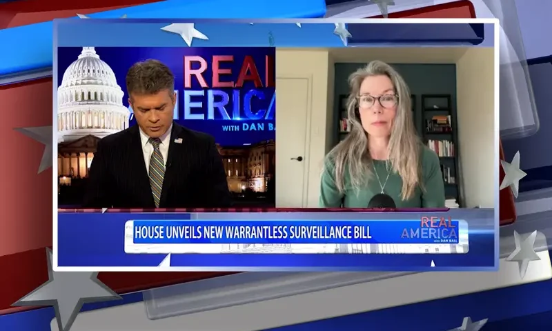 Video still from Real America on One America News Network showing a split screen of the host on the left side, and on the right side is the guest, Amy Peikoff.