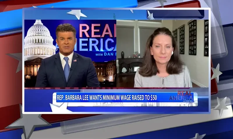 Video still from Real America on One America News Network showing a split screen of the host on the left side, and on the right side is the guest, Melissa Melendez.