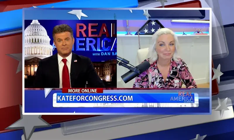 Video still from Real America on One America News Network showing a split screen of the host on the left side, and on the right side is the guest, Kate Monroe.