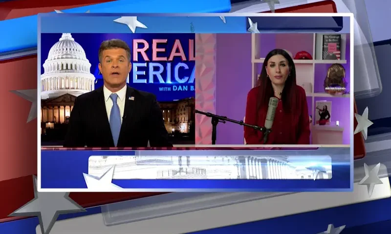Video still from Real America on One America News Network showing a split screen of the host on the left side, and on the right side is the guest, Laura Loomer.