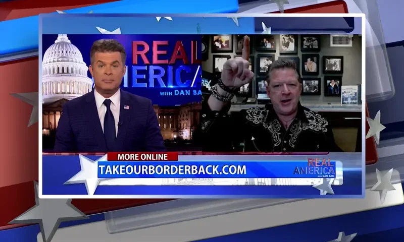 Video still from Real America on One America News Network showing a split screen of the host on the left side, and on the right side is the guest, Thom Kaz.