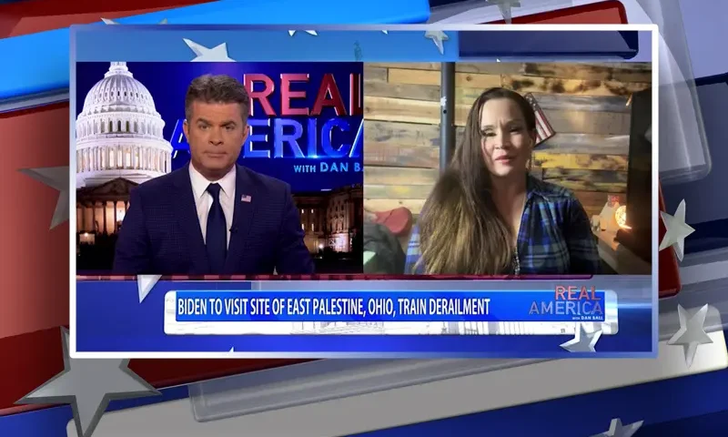 Video still from Real America on One America News Network showing a split screen of the host on the left side, and on the right side is the guest, Candice DeSanzo.