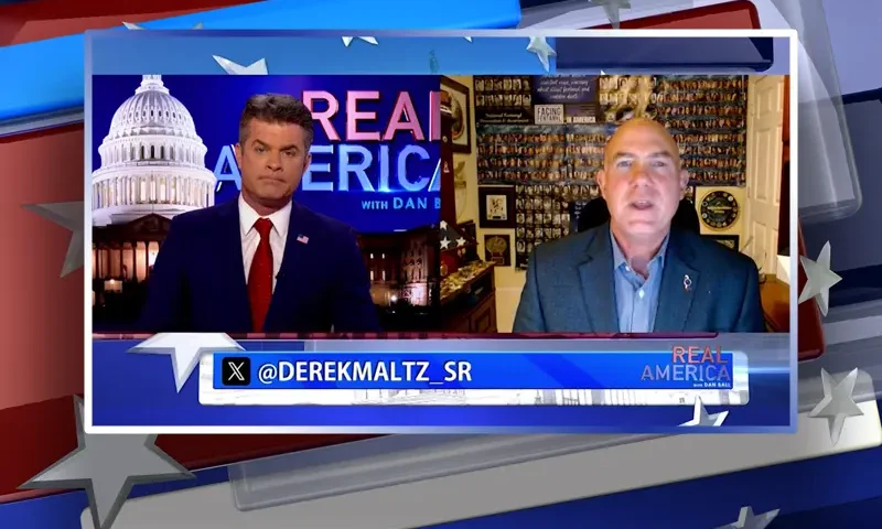 Video still from Real America on One America News Network showing a split screen of the host on the left side, and on the right side is the guest, Derek Maltz.