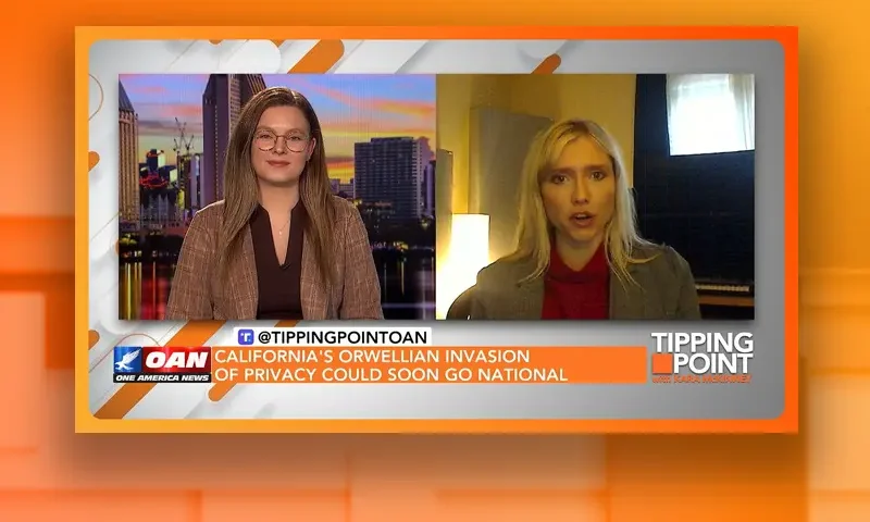Video still from Tipping Point on One America News Network showing a split screen of the host on the left side, and on the right side is the guest, Mariah Gondeiro.