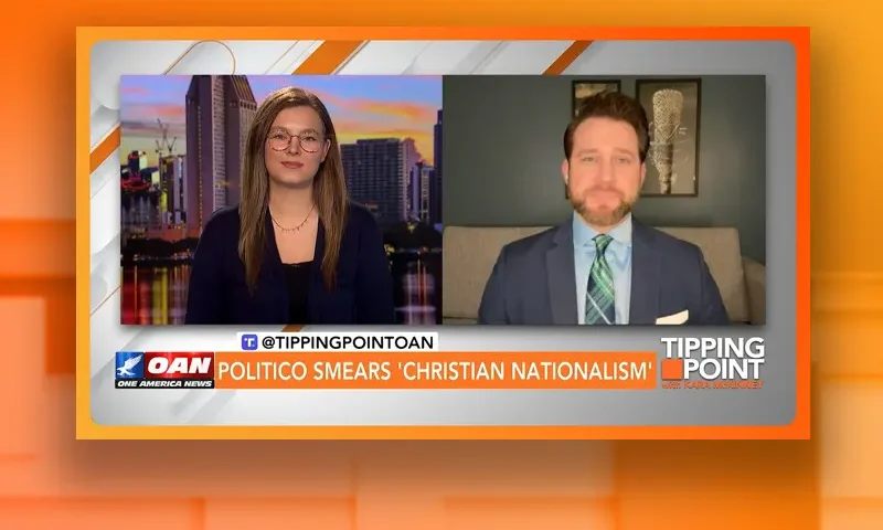 Video still from Tipping Point on One America News Network showing a split screen of the host on the left side, and on the right side is the guest, William Wolfe.