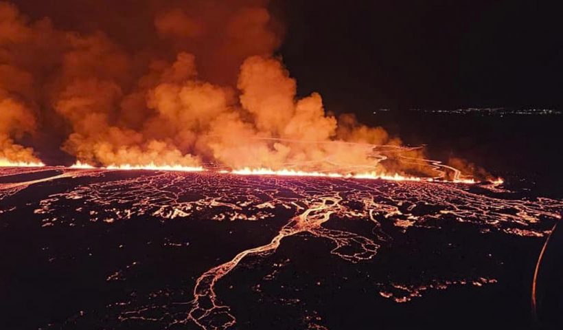 This image provided by Iceland Civil Defense shows lava erupting from a volcano between Hagafell and Stóri-Skógfell, Iceland, on on Saturday, March 16, 2024. (Iceland Civil Defense via AP)