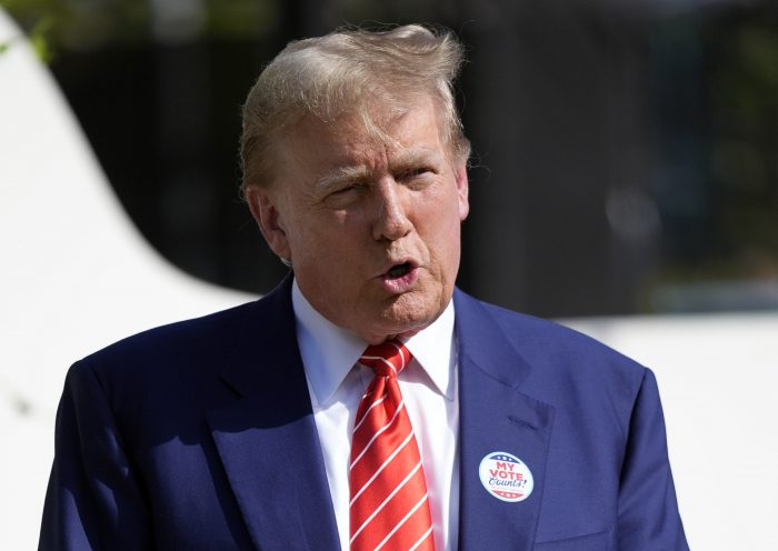 Republican presidential candidate former President Donald Trump speaks after voting in the Florida primary election in Palm Beach, Fla., Tuesday, March 19, 2024. (AP Photo/Wilfredo Lee)