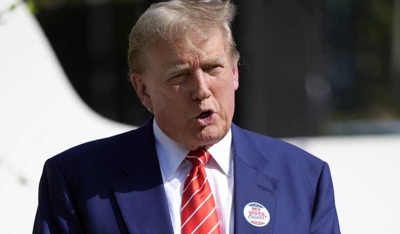 Republican presidential candidate former President Donald Trump speaks after voting in the Florida primary election in Palm Beach, Fla., Tuesday, March 19, 2024. (AP Photo/Wilfredo Lee)