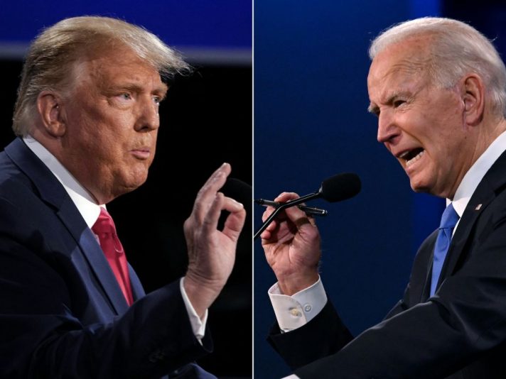 TOPSHOT - (COMBO) This combination of pictures created on October 22, 2020 shows US President Donald Trump (L) and Democratic Presidential candidate and former US Vice President Joe Biden during the final presidential debate at Belmont University in Nashville, Tennessee, on October 22, 2020. (Photo by Brendan Smialowski and JIM WATSON / AFP) (Photo by BRENDAN SMIALOWSKIJIM WATSON/AFP via Getty Images)