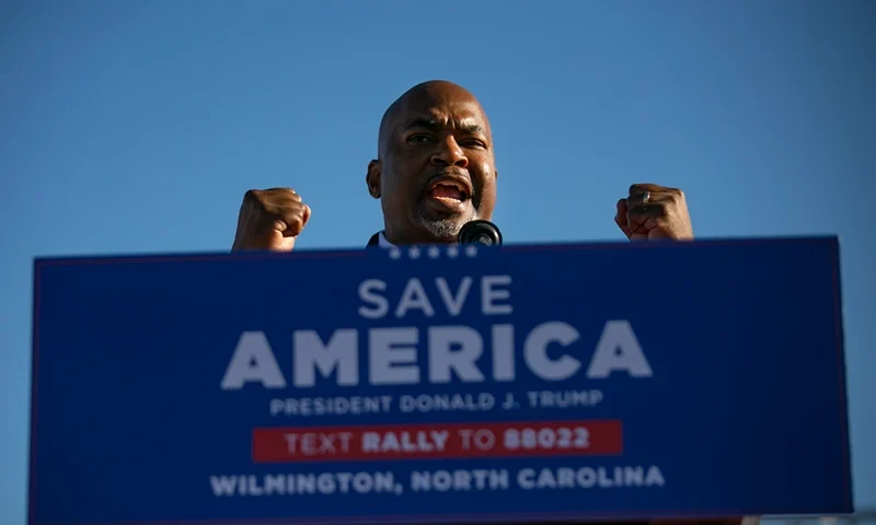 Donald Trump Holds Rally For North Carolina Midterm Candidates WILMINGTON, NC - SEPTEMBER 23: Mark Robinson, lieutenant governor of North Carolina, is seen during a Save America rally for former President Donald Trump at the Aero Center Wilmington on September 23, 2022 in Wilmington, North Carolina. The "Save America" rally was a continuation of Donald Trump's effort to advance the Republican agenda by energizing voters and highlighting candidates and causes. (Photo by Allison Joyce/Getty Images)