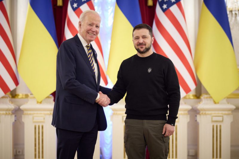 KYIV, UKRAINE - FEBRUARY 20: In this handout photo issued by the Ukrainian Presidential Press Office, U.S. President Joe Biden meets with Ukrainian President Volodymyr Zelensky at the Ukrainian presidential palace on February 20, 2023 in Kyiv, Ukraine. The US President made his first visit to Kyiv since Russia's large-scale invasion last February 24. (Photo by Ukrainian Presidential Press Office via Getty Images)