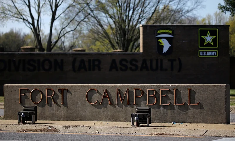 OAK GROVE, KY - MARCH 30: Signage is displayed outside Fort Campbell on March 30, 2023 in Oak Grove, Kentucky. Nine U.S. Army 101st Airborne soldiers were killed overnight when two Blackhawk helicopters crashed into each other during a training mission. (Photo by Luke Sharrett/Getty Images)