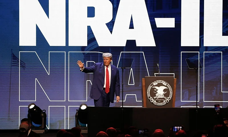 Former US President and 2024 presidential hopeful Donald Trump leaves after speaking during the 152nd National Rifle Association (NRA) annual Covention at the Indiana Convention Center in Indianapolis, Indiana, on April 14, 2023. (Photo by Alex WROBLEWSKI / AFP) (Photo by ALEX WROBLEWSKI/AFP via Getty Images)
