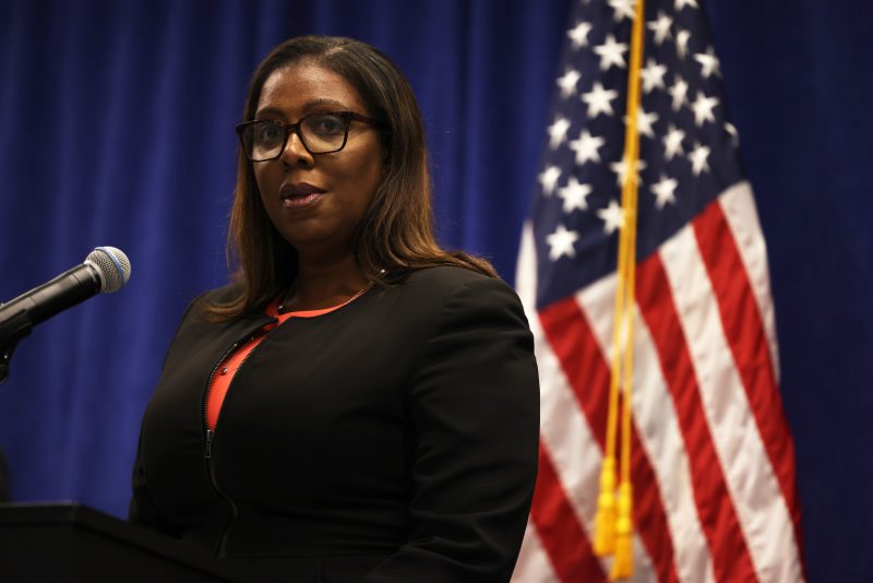 NEW YORK, NEW YORK - AUGUST 06: AUGUST 06: New York State Attorney General Letitia James speaks during a press conference announcing a lawsuit to dissolve the NRA on August 06, 2020 in New York City. New York State Attorney General Letitia filed a lawsuit seeking to dissolve the National Rifle Association charging the organization as a whole as well as Executive Vice-President Wayne LaPierre, former Treasurer and CFO Wilson Phillips, Chief of Staff and Executive Director of General Operations Joshua Powell, and Corporate Secretary and General Counsel John Frazer with failing to manage the NRA’s funds and failing to follow state and federal laws. (Photo by Michael M. Santiago/Getty Images)