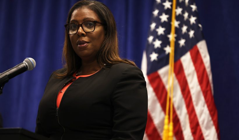 NEW YORK, NEW YORK - AUGUST 06: AUGUST 06: New York State Attorney General Letitia James speaks during a press conference announcing a lawsuit to dissolve the NRA on August 06, 2020 in New York City. New York State Attorney General Letitia filed a lawsuit seeking to dissolve the National Rifle Association charging the organization as a whole as well as Executive Vice-President Wayne LaPierre, former Treasurer and CFO Wilson Phillips, Chief of Staff and Executive Director of General Operations Joshua Powell, and Corporate Secretary and General Counsel John Frazer with failing to manage the NRA’s funds and failing to follow state and federal laws. (Photo by Michael M. Santiago/Getty Images)