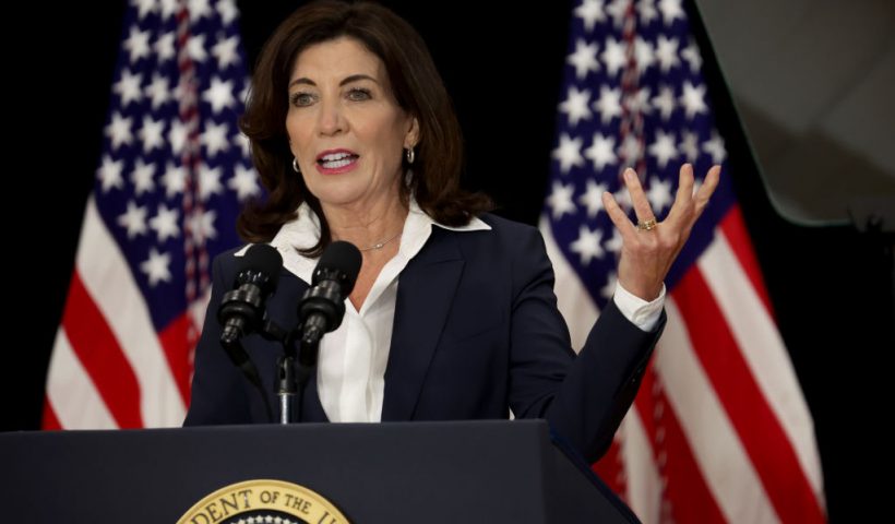 BUFFALO, NEW YORK - MAY 17: New York Governor Kathy Hochul speaks to guests during an event with US President Joe Biden and several family members of victims of the Tops market shooting at the Delavan Grider Community Center on May 17, 2022 in Buffalo, New York. Biden along with first lady Dr. Jill Biden placed flowers at a memorial outside of the market and met with family members of victims during their visit to the city. A gunman opened fire Saturday at the store killing ten people and wounding another three. The attack was believed to be motivated by racial hatred. (Photo by Scott Olson/Getty Images)