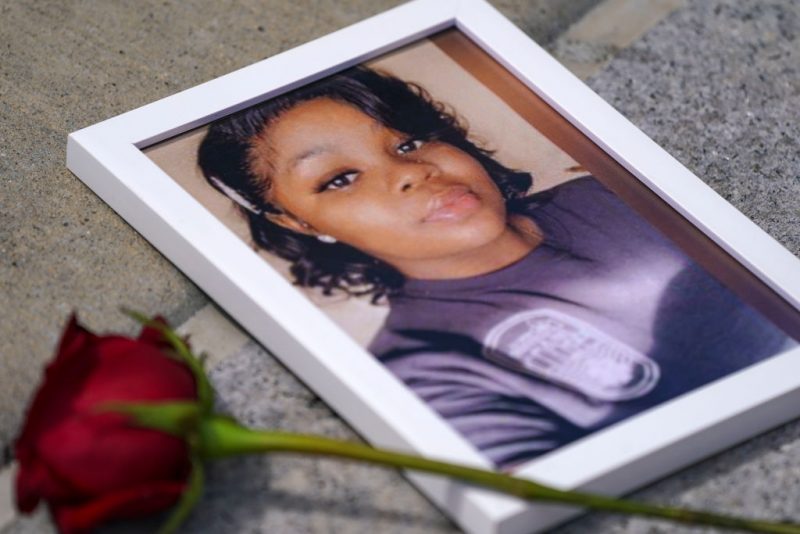 WASHINGTON, DC - JULY 30: A photo of Breonna Taylor is seen among other photos of women who have lost their lives as a result of violence during the 2nd Annual Defend Black Women March in Black Lives Matter Plaza on July 30, 2022 in Washington, DC. (Photo by Leigh Vogel/Getty Images for Frontline Action Hub)