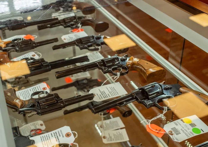 HOUSTON, TEXAS - SEPTEMBER 09: Smith & Wesson Revolvers are seen for sale in a gun store on September 09, 2022 in Houston, Texas. Smith & Wesson Brands Inc. reported its lowest quarterly sales since January 2009, according to FactSet records. (Photo by Brandon Bell/Getty Images)