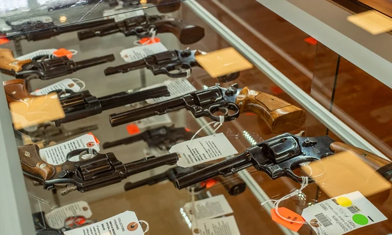 HOUSTON, TEXAS - SEPTEMBER 09: Smith & Wesson Revolvers are seen for sale in a gun store on September 09, 2022 in Houston, Texas. Smith & Wesson Brands Inc. reported its lowest quarterly sales since January 2009, according to FactSet records. (Photo by Brandon Bell/Getty Images)
