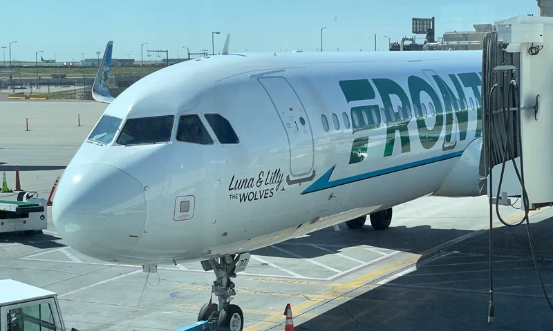 US-TRAVEL-AVIATION A Frontier Airlines plane sits at the gate at Denver International Airport (DEN) in Denver, Colorado, on July 30, 2023. (Photo by Daniel SLIM / AFP) (Photo by DANIEL SLIM/AFP via Getty Images)