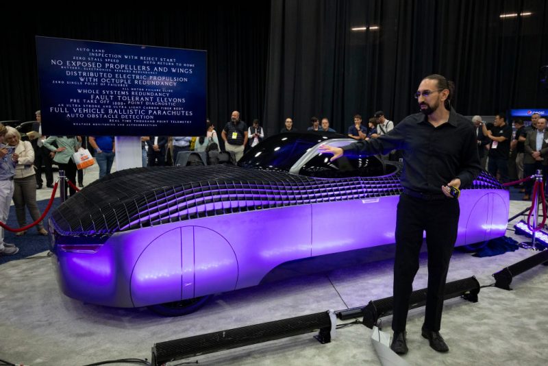 DETROIT, MICHIGAN - SEPTEMBER 13: Jim Dukhovny, CEO of Alef Aeronautics, reveals the Alef Model A Flying Car at the 2023 North American International Detroit Auto Show on September 13, 2023 in Detroit, Michigan. The show, which features 35 brands and an indoor EV track, opens to the public on September 16 and continues through September 24. (Photo by Bill Pugliano/Getty Images)