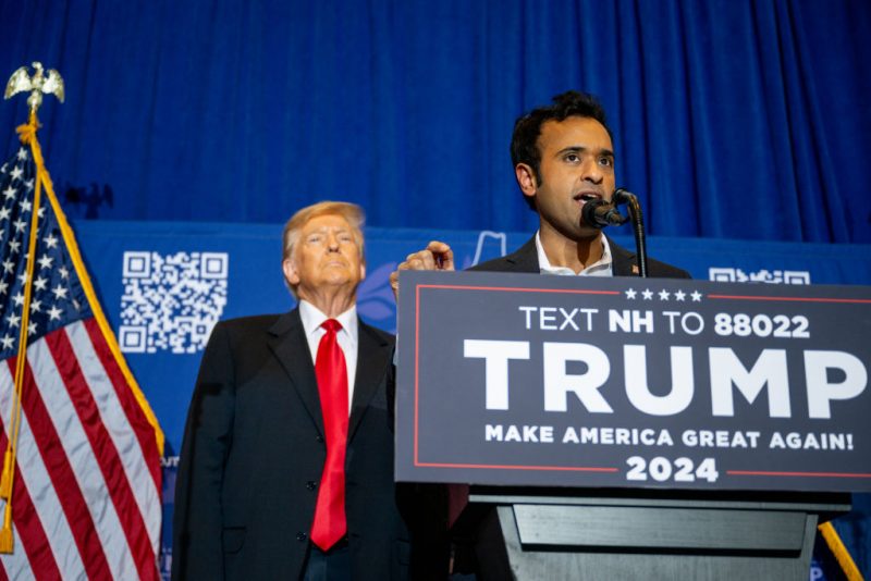 ATKINSON, NEW HAMPSHIRE - JANUARY 16: U.S. entrepreneur Vivek Ramaswamy endorses Republican presidential candidate, former U.S. President Donald Trump during a campaign rally at the Atkinson Country Club on January 16, 2024 in Atkinson, New Hampshire. Trump won this week's Iowa caucus, solidifying him as the lead Republican nominee in the first balloting of 2024. The former U.S. President heads to Atkinson, New Hampshire today as he continues campaigning during the primary election. (Photo by Brandon Bell/Getty Images)